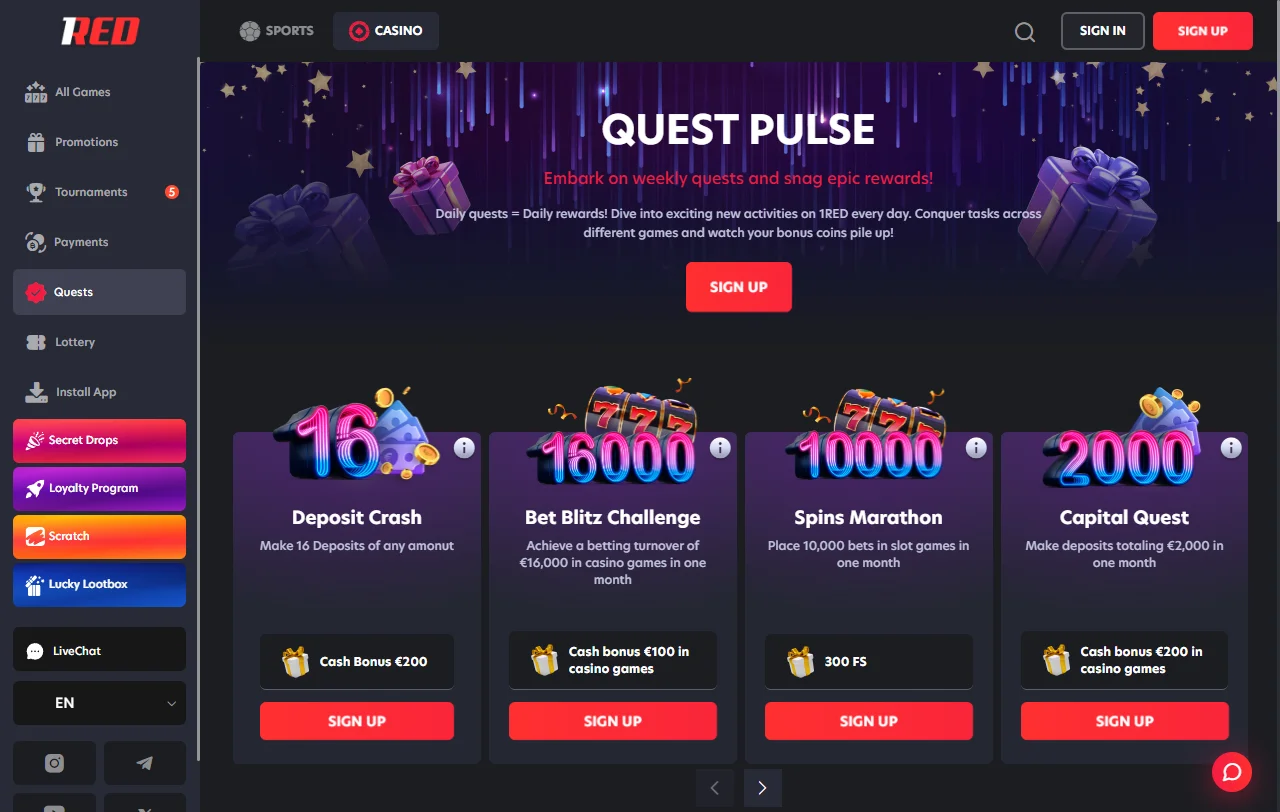 Bonos, promociones y oferta de bienvenida en 1Red Casino
