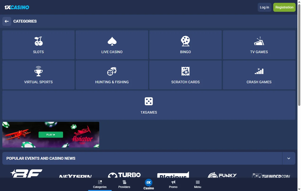Selección juegos y proveedores en 1xCasino España