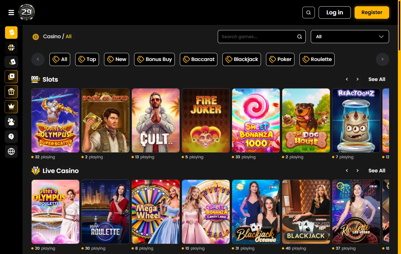 Catálogo de juegos en 29Black Casino España con miles de títulos de proveedores premium