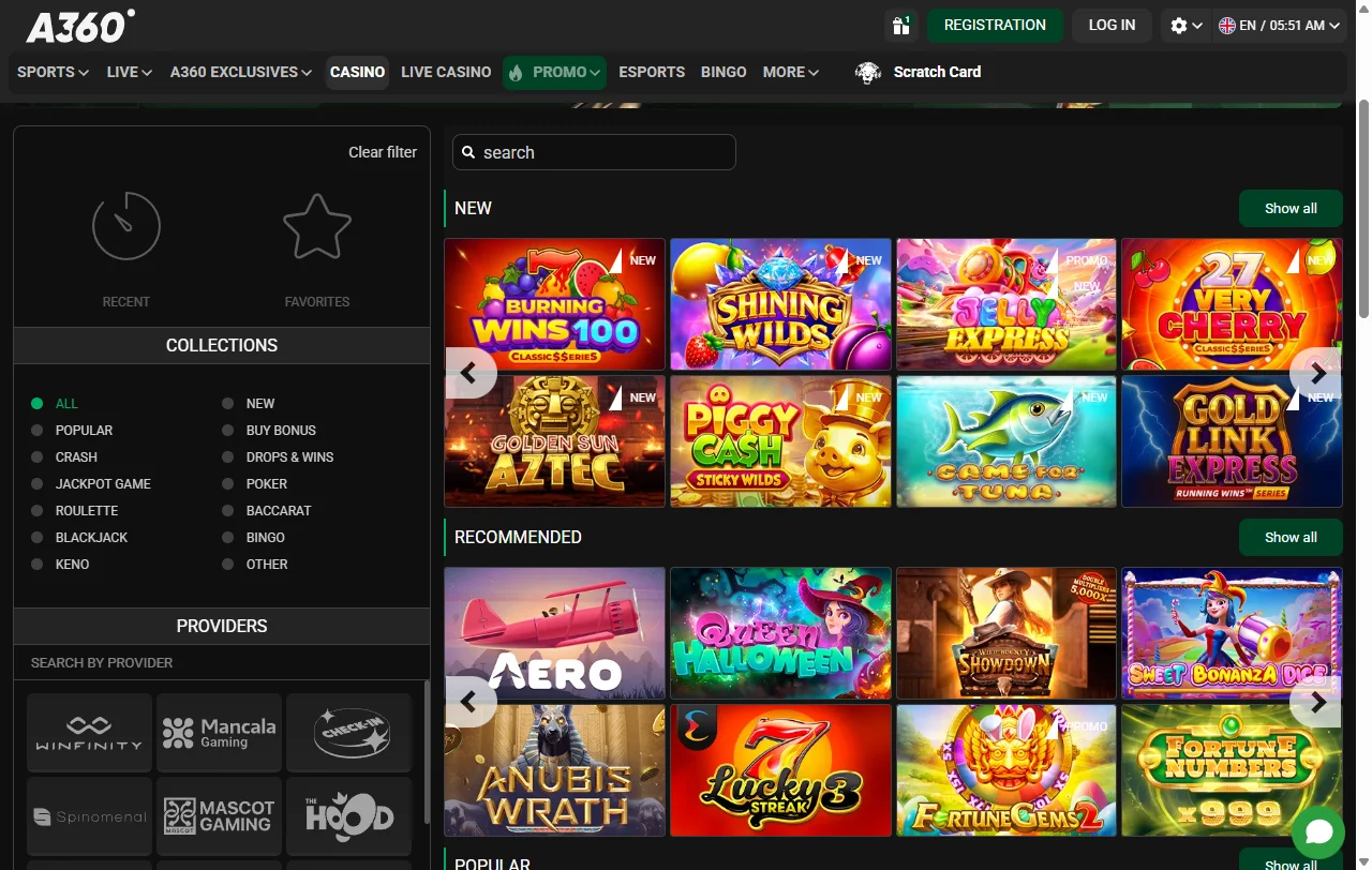 Slots y juegos disponibles en A360 Casino España