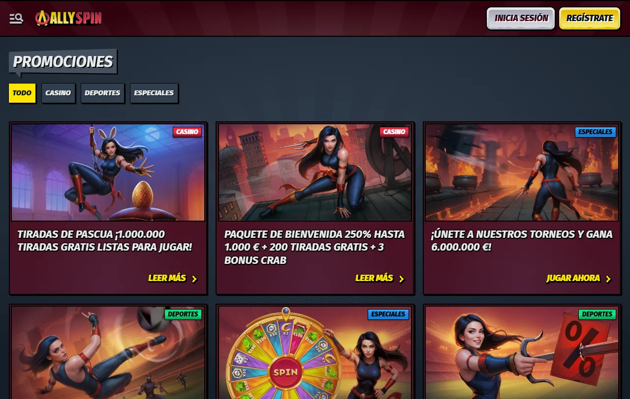 Catálogo de juegos de Allyspin casino España incluyendo tragaperras, mesas en vivo y proveedores de software