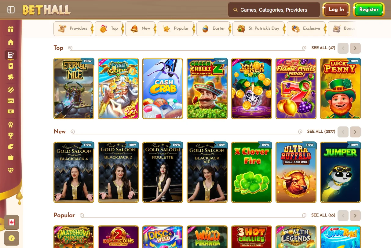 Catálogo de juegos en BetHall casino España — tragaperras, mesa y juegos en vivo disponibles