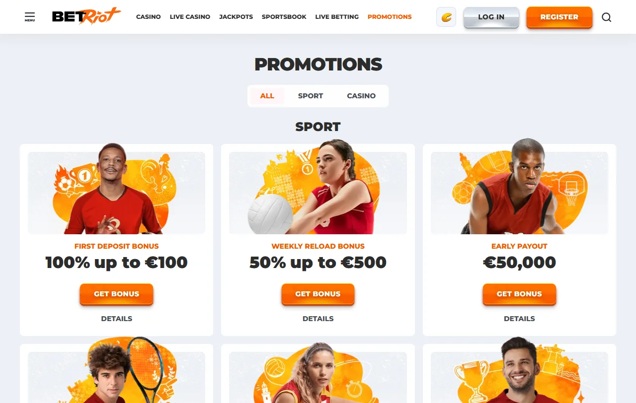 Bonos de bienvenida y promociones de BetRiot Casino