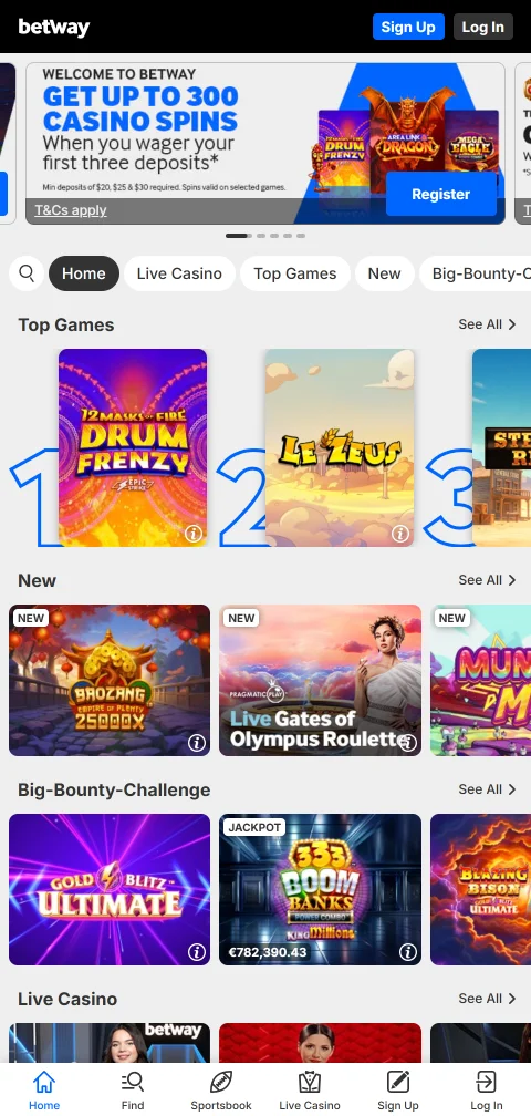 Acceso móvil responsive de Betway Casino España