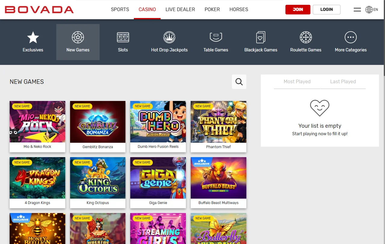 Bovada Casino y su catálogo de juegos y proveedores