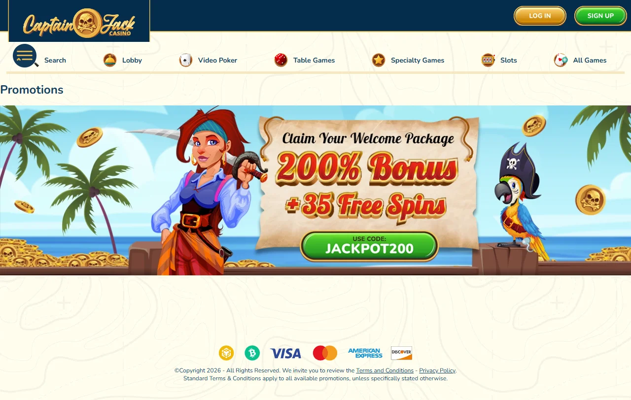 Captain Jack Casino bonos, promociones y condiciones iniciales