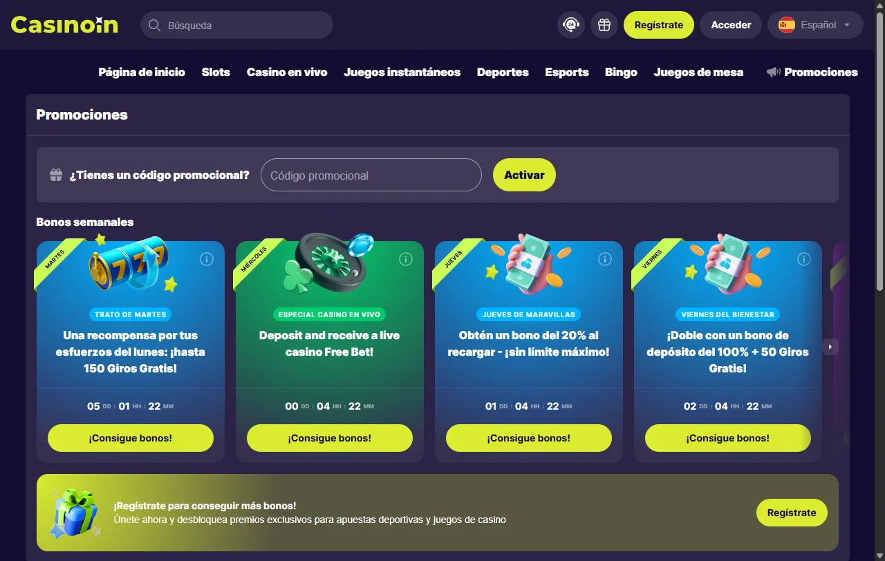 Bonos promociones bienvenida CasinoIn casino España detallados
