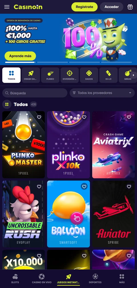 Acceso móvil gaming CasinoIn casino España optimizado