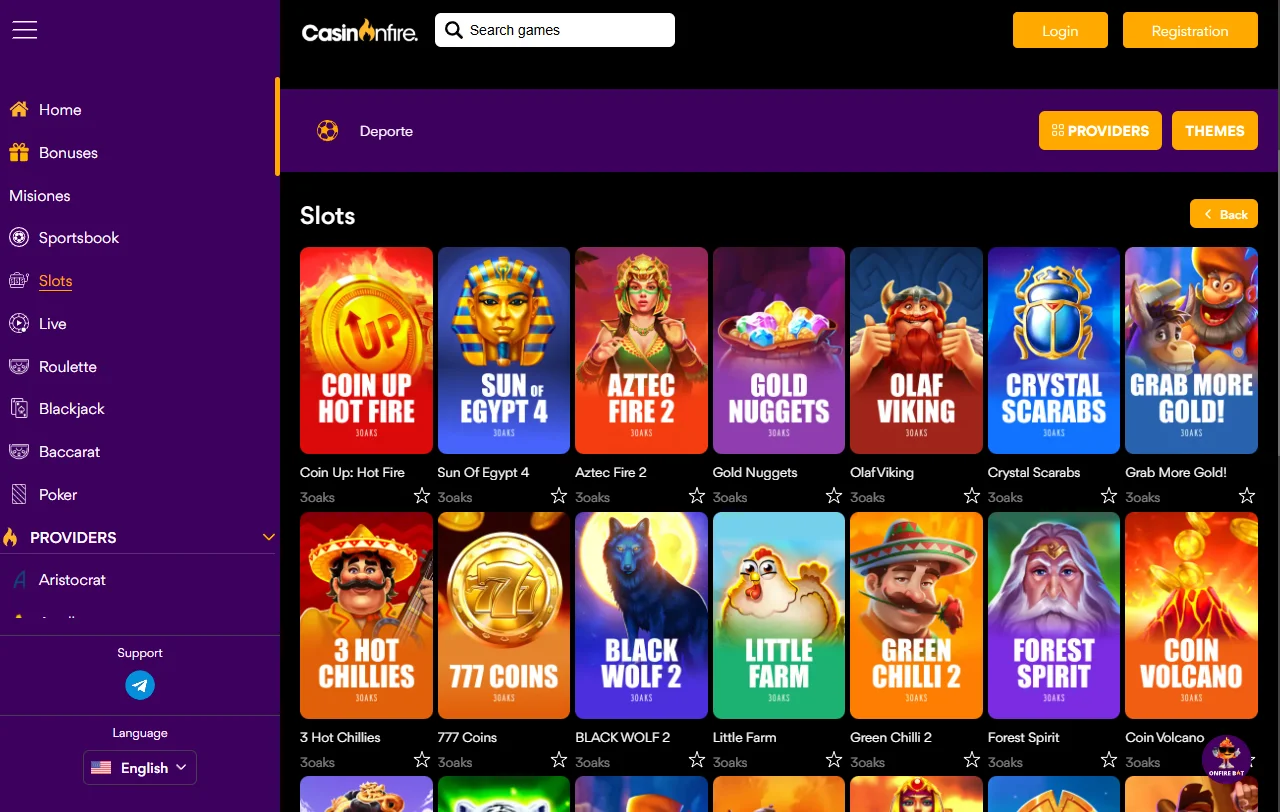 Selección juegos slots proveedores en CasinOnFire Casino España