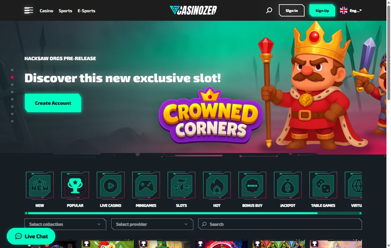 Casinozer casino y su catálogo de slots y juegos en vivo