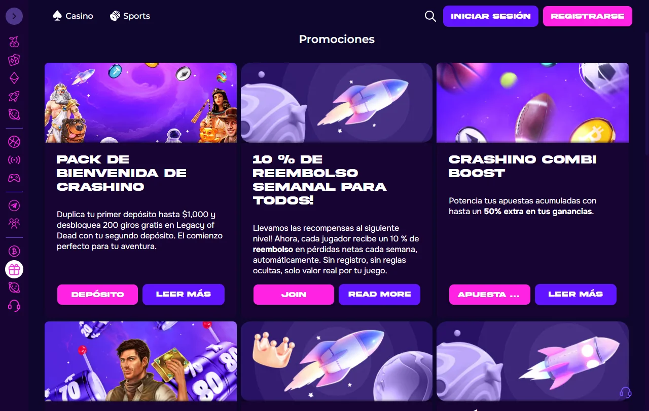 Catálogo de juegos de Crashino casino España incluyendo tragaperras, casino en vivo y proveedores de software reconocidos
