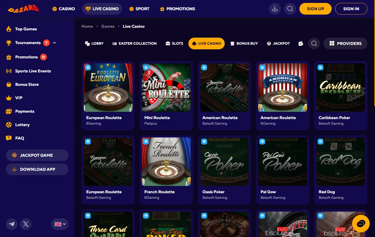 Oferta de juegos y proveedores destacados en Dazard Casino