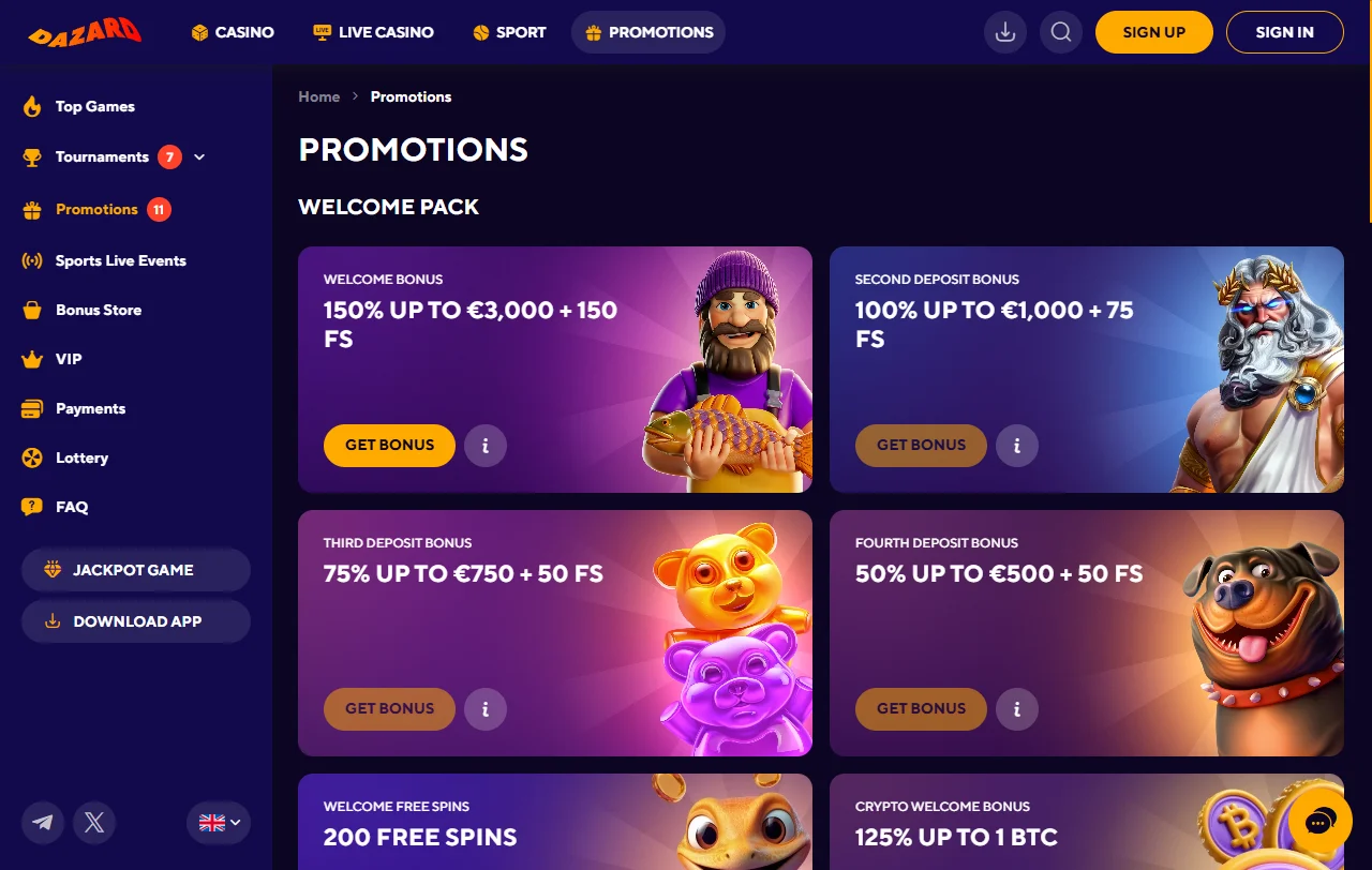 Bonos y promociones evaluados en Dazard Casino para usuarios