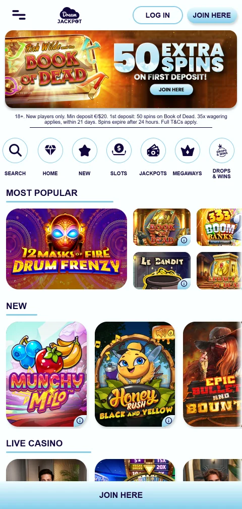 Experiencia móvil de Dream Jackpot Casino en smartphone