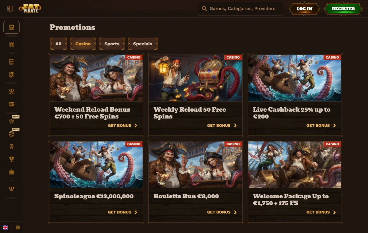 Oferta de juegos y proveedores de Fat Pirate Casino