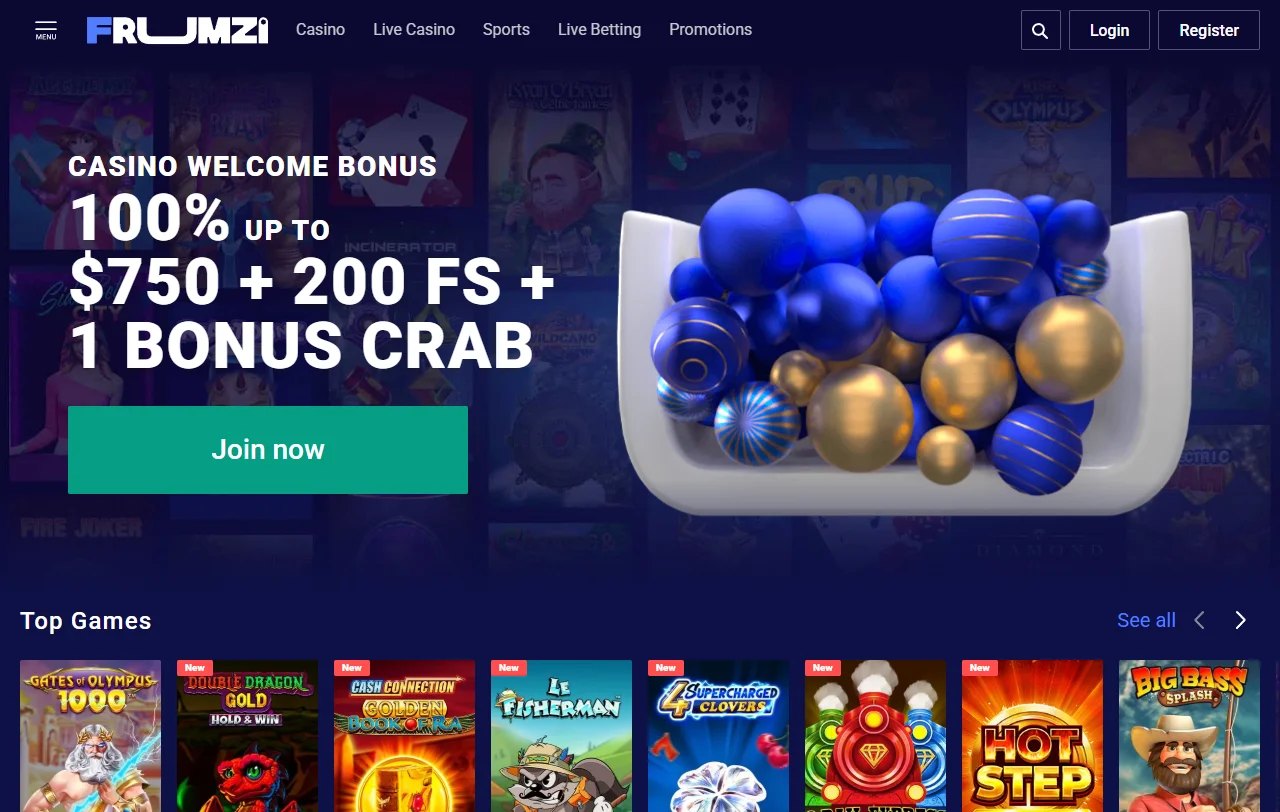 Interfaz completa de Frumzi Casino España mostrando navegación principal y catálogo de juegos disponibles