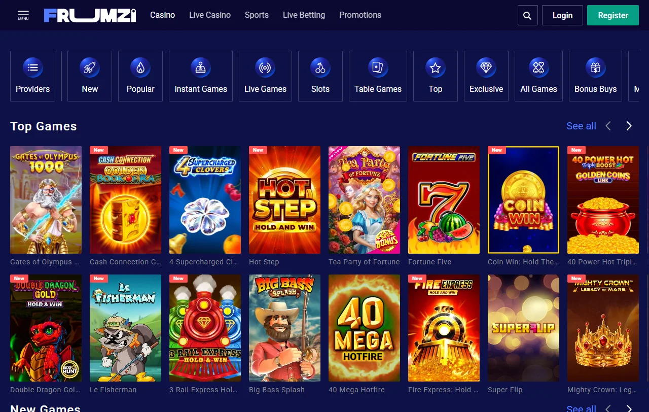Sección de slots de Frumzi Casino España con títulos de Pragmatic Play, Evolution Gaming y proveedores principales