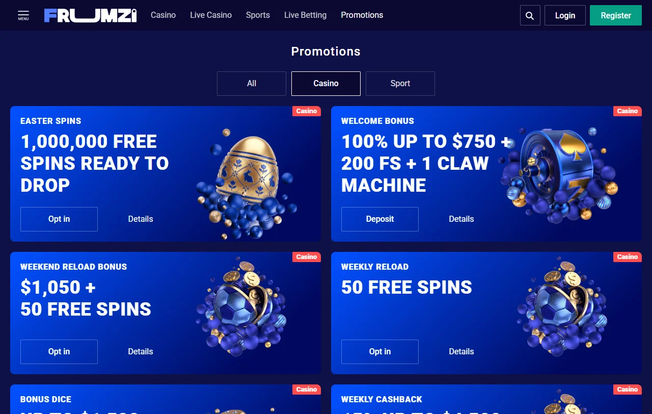 Promociones y bonificación de bienvenida de Frumzi Casino España incluyendo bono de 100% y giros gratis
