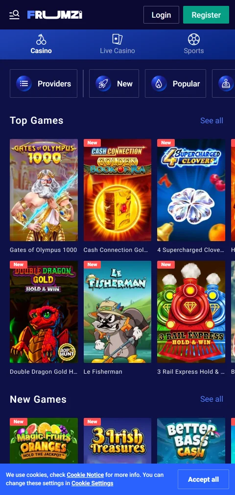 Métodos de depósito y retiro de Frumzi Casino España en dispositivo móvil con opciones de pago localizadas