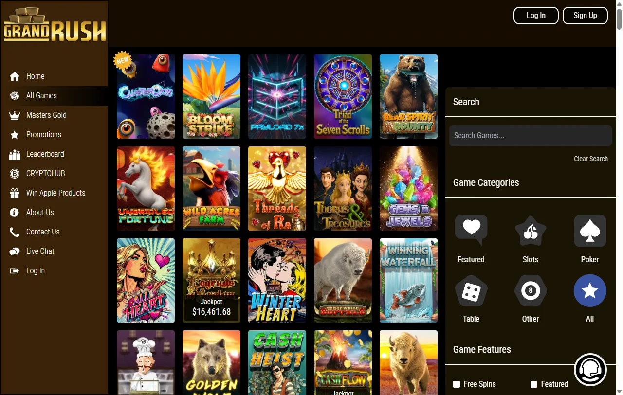 Oferta de juegos y slots en Grand Rush Casino