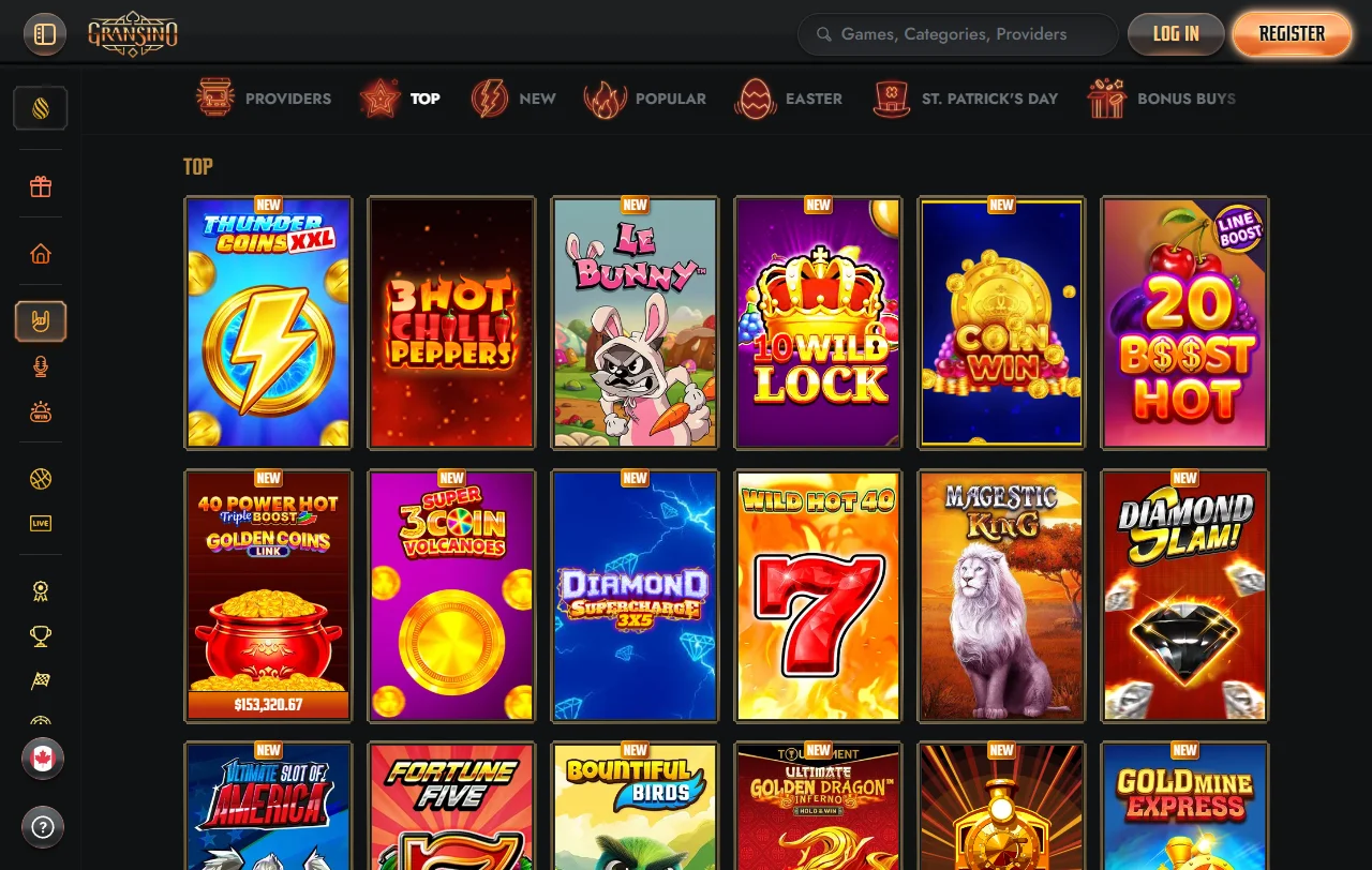 Catálogo de juegos y proveedores en Gransino casino España incluyendo tragaperras, mesas en vivo y entretenimiento especializado