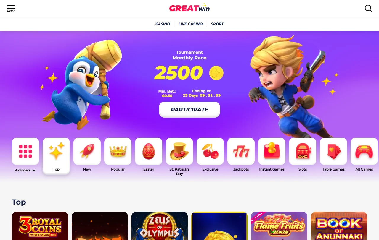 Catálogo de juegos de GreatWin casino España con proveedores Pragmatic Play, Evolution Gaming y NetEnt