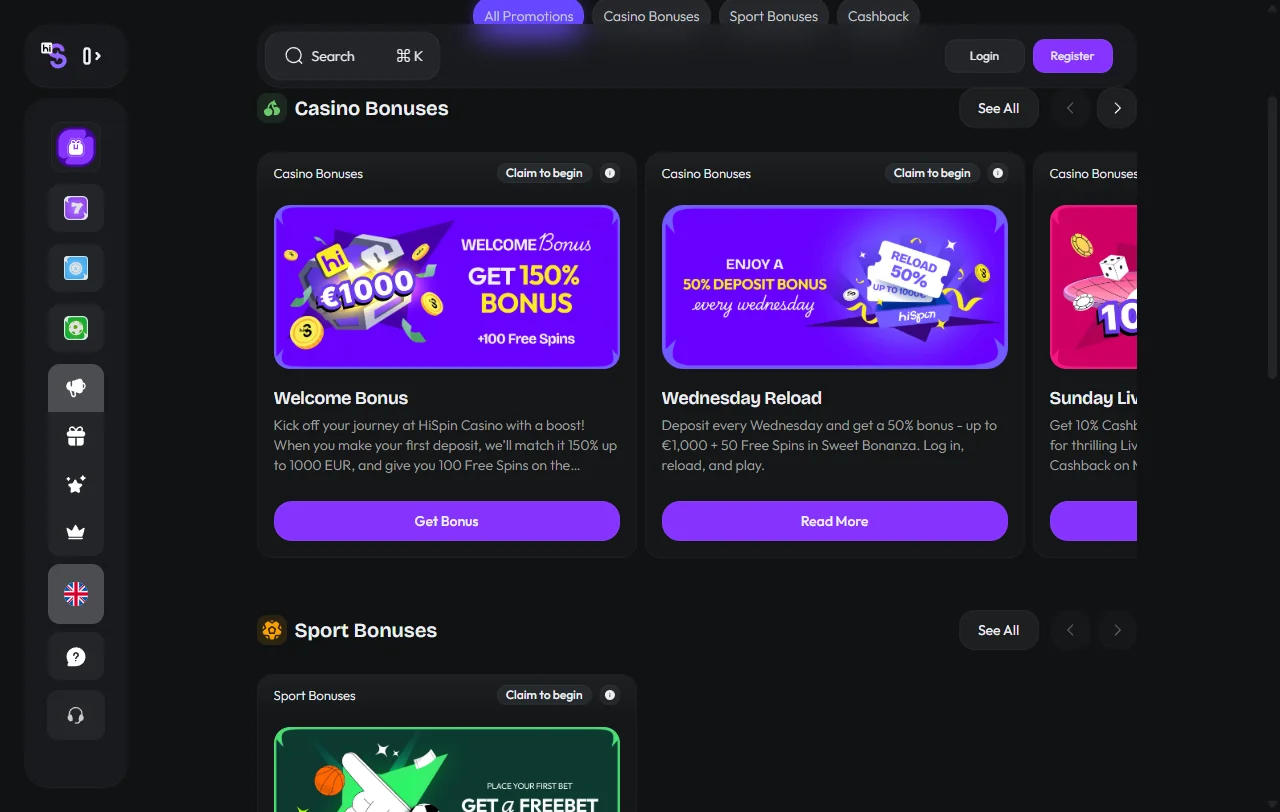 Bonos y promociones de Hispin Casino España: bienvenida 500 EUR, recarga mensual y programa VIP