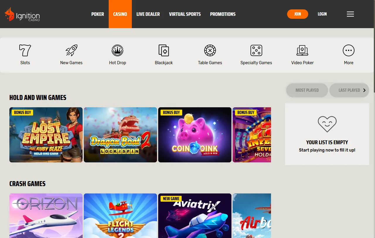 Catálogo de juegos de Ignition Casino España incluyendo máquinas tragaperras, mesa y experiencias de crupier en vivo
