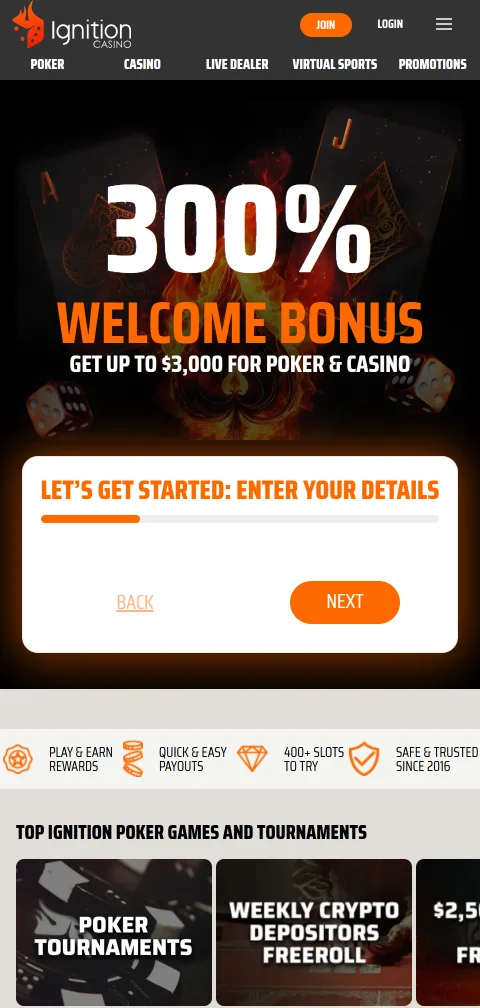Experiencia móvil de Ignition Casino España con navegador optimizado compatible con dispositivos iOS y Android
