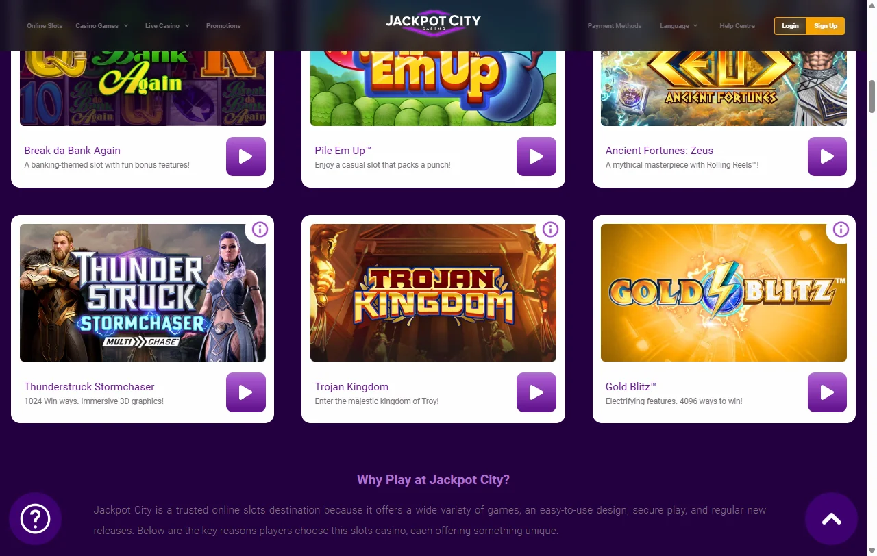 Catálogo de tragaperras, juegos de mesa en vivo y entretenimiento disponible en Jackpot City Casino España