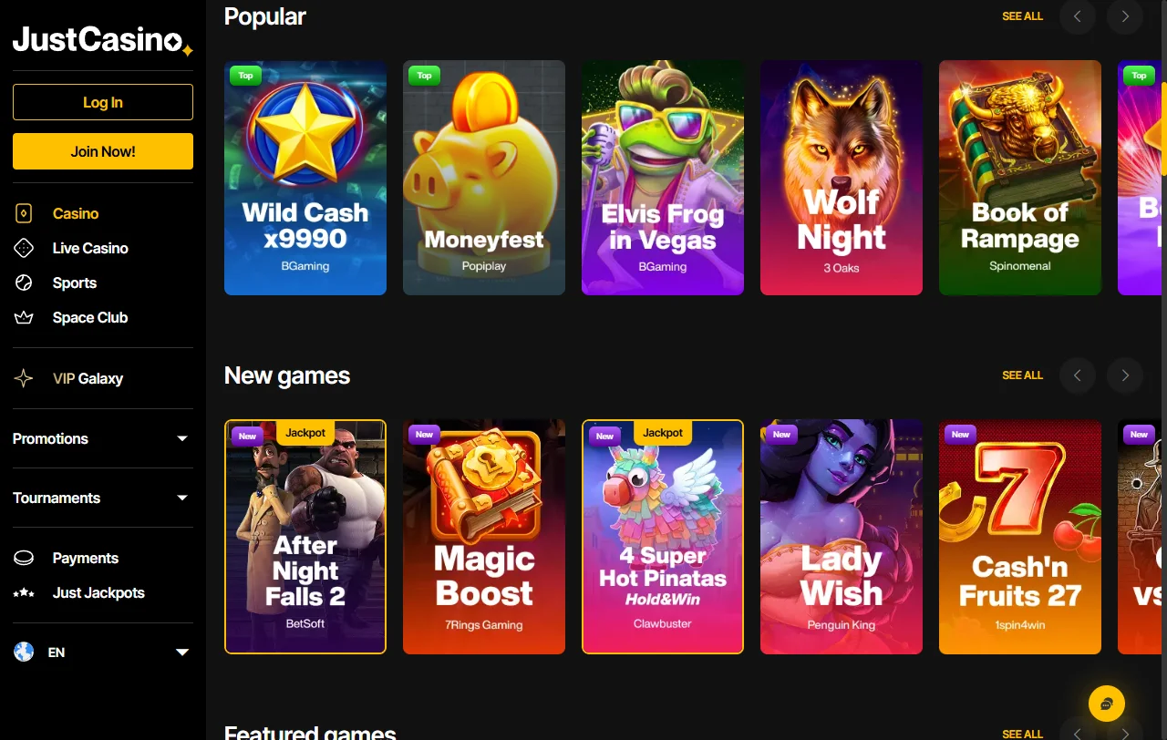 Juegos y proveedores destacados en Just Casino