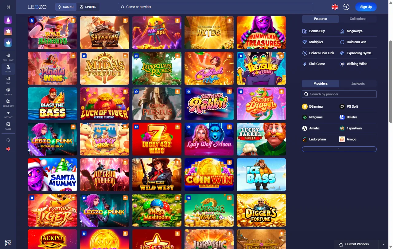 Legzo Casino catálogo de tragaperras y juegos en vivo