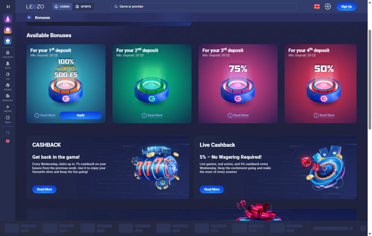 Legzo Casino bonos de bienvenida y promociones visibles