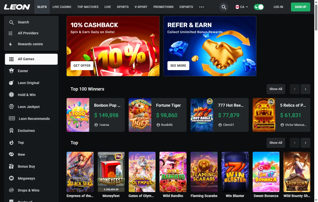Selección juegos y proveedores destacados Leon Casino España