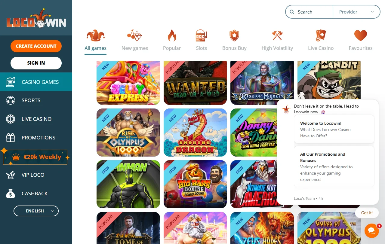 LocoWin casino catálogo de juegos y proveedores destacados