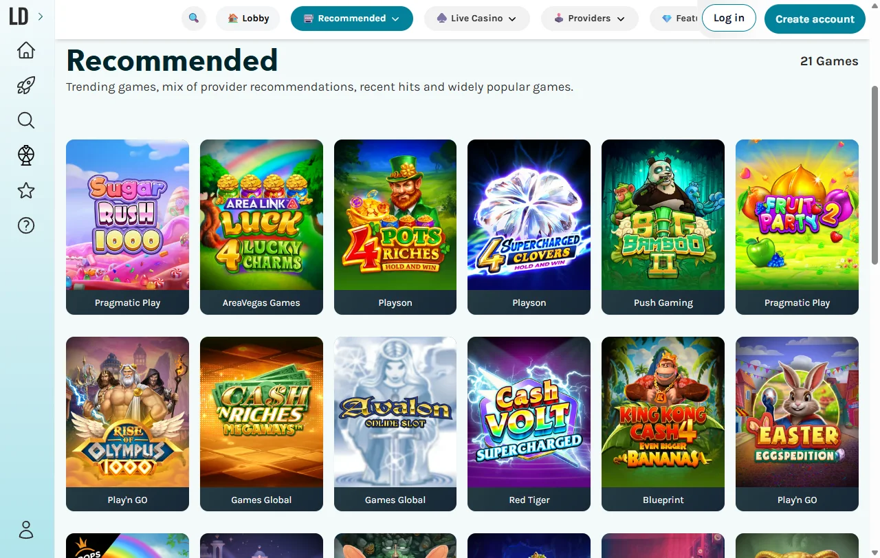 LuckyDays Casino con slots, vivo y variedad de juegos