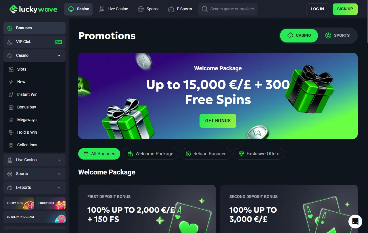 LuckyWave Casino bonos, promociones y oferta de bienvenida