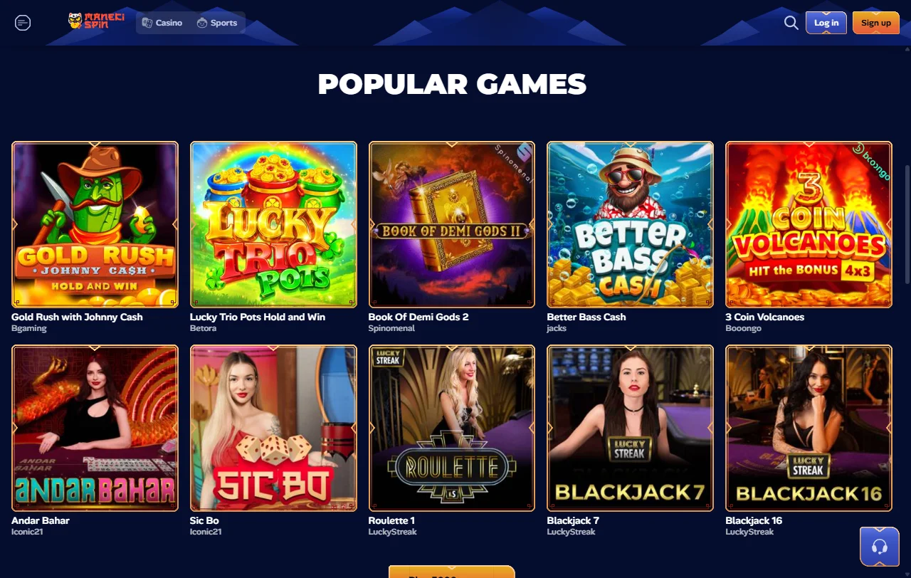Oferta de juegos y proveedores en Manekispin Casino