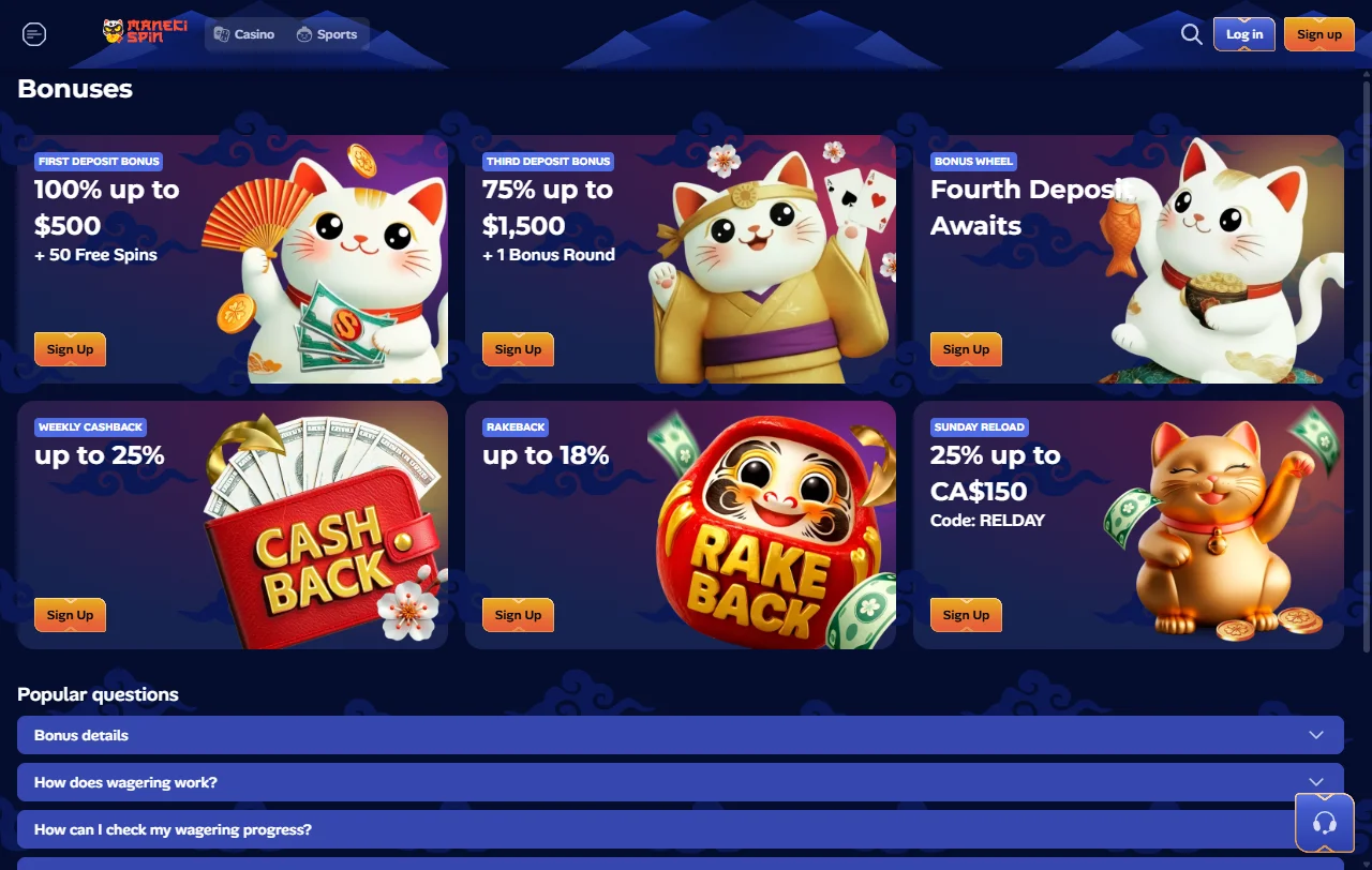 Bonos, promociones y condiciones de entrada de Manekispin Casino