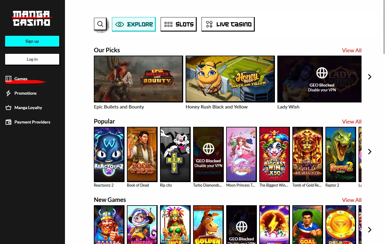 Manga Casino catálogo de juegos con tragaperras y mesa