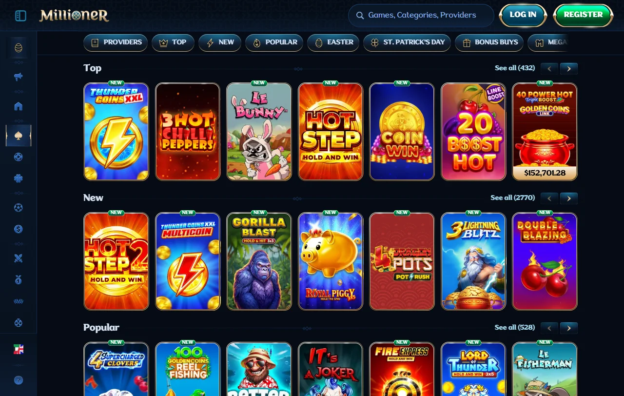 Juegos slots y proveedores en Millioner casino España