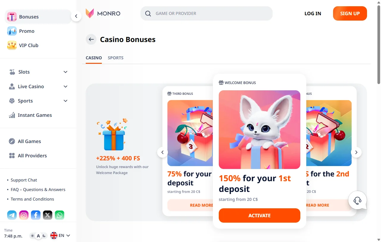 Bonos promociones bienvenida ofertas Monro Casino España