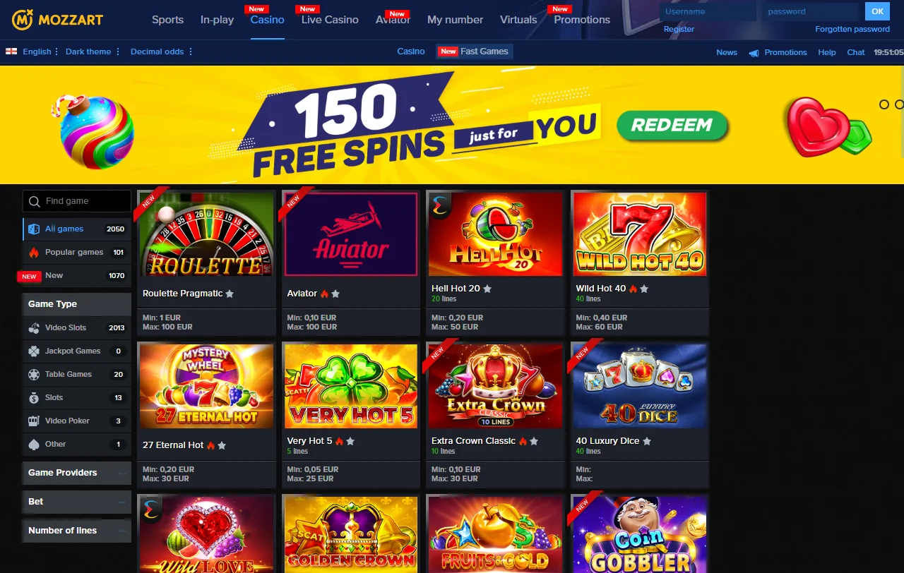 Mozzart Casino con catálogo de juegos y mesas en vivo