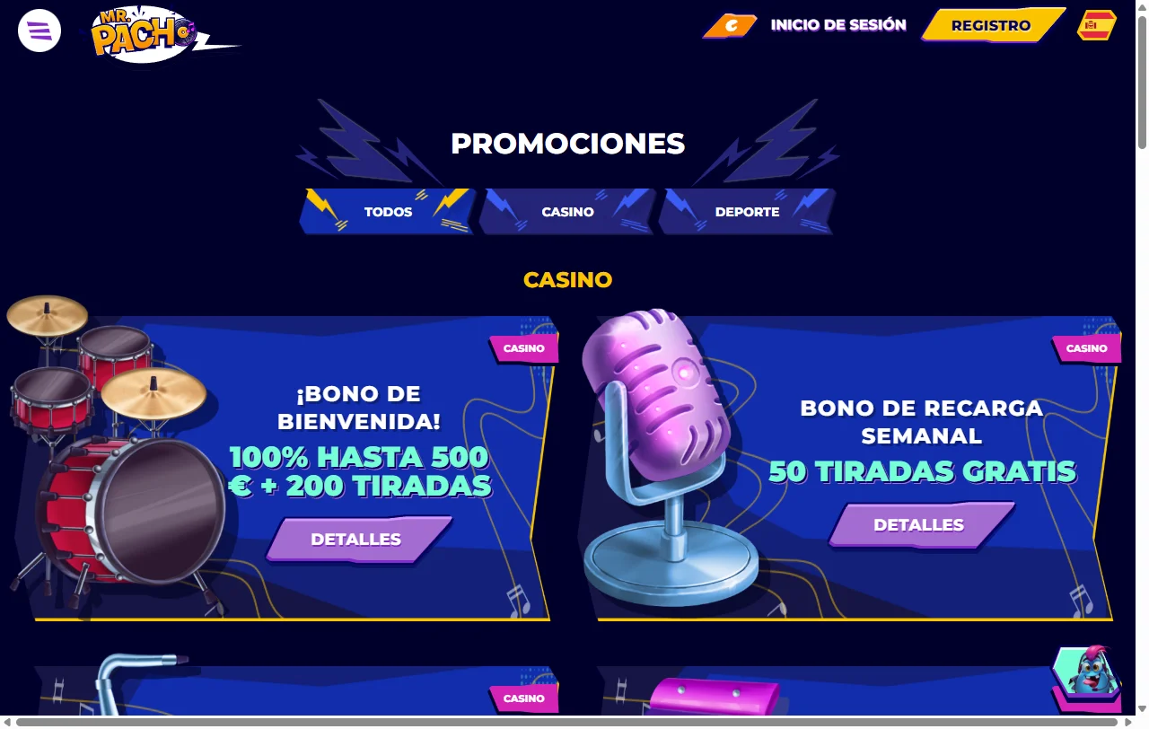 Bonos, promociones y bienvenida visibles en Mr. Pacho Casino