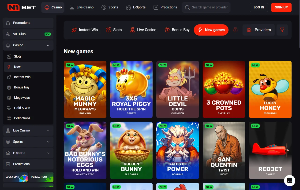 Catálogo de juegos en línea, tragaperras y casino en vivo disponible en N1Bet casino España