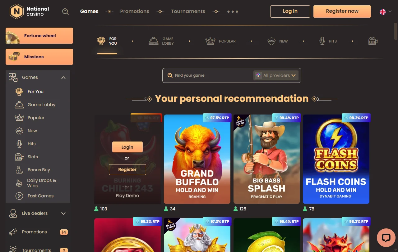 Selección juegos y proveedores National Casino España destacados