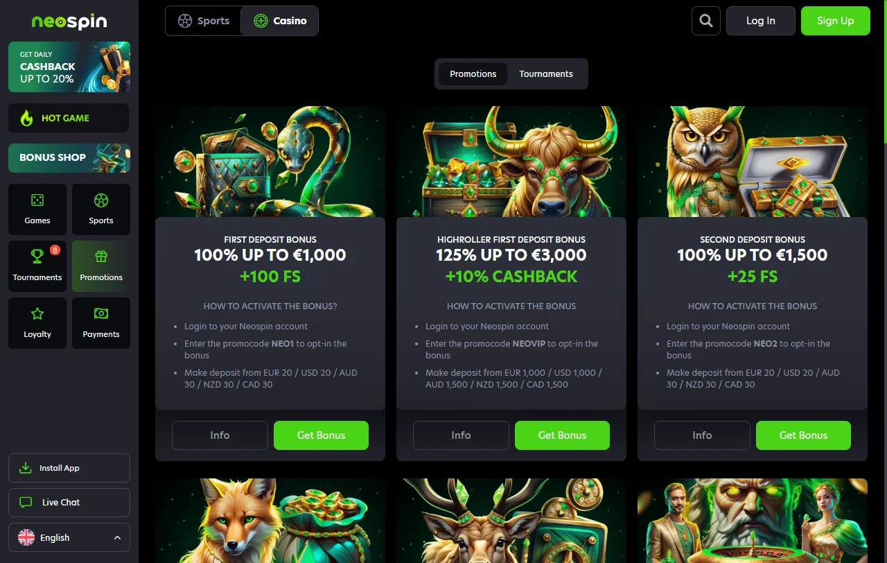 Neospin Casino bonos y condiciones promocionales