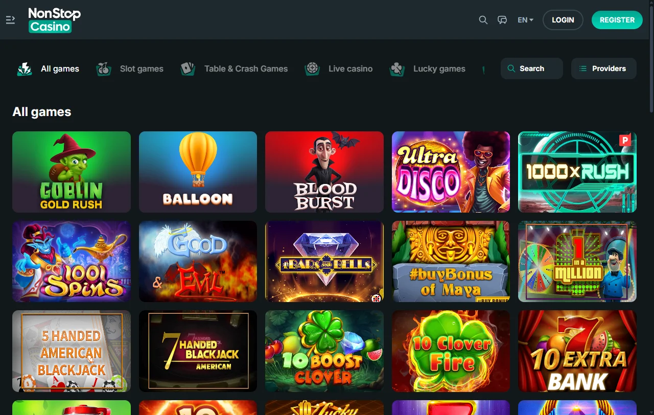 NonStop Casino catálogo de juegos y proveedores destacados