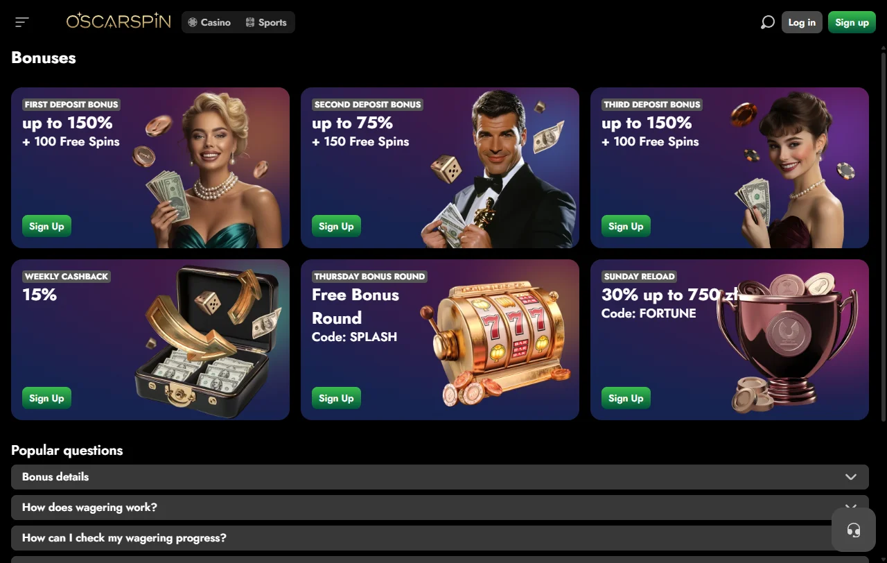 Bonos promociones paquete bienvenida Oscarspin Casino España ofertas