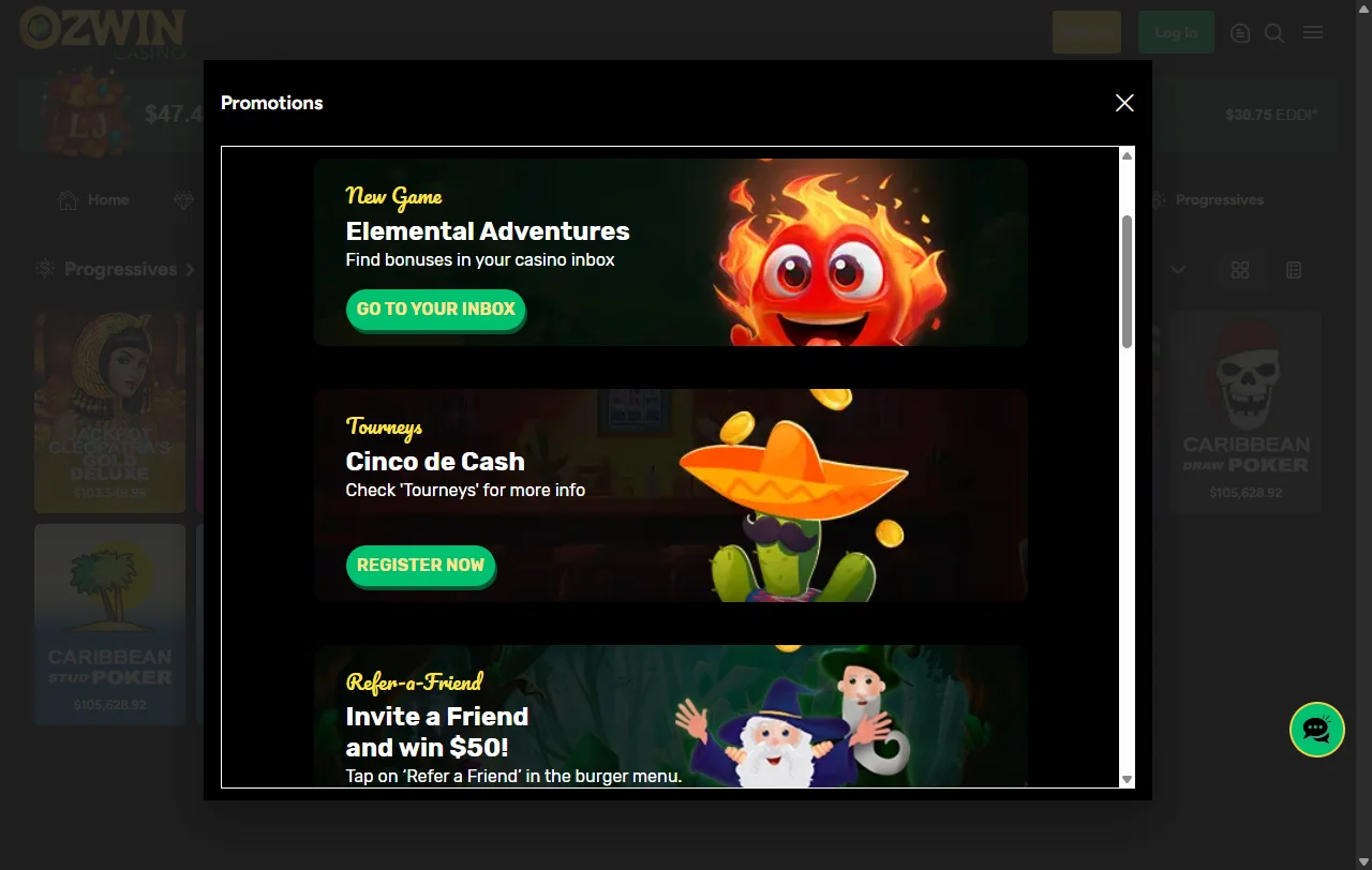 Ozwin Casino bonos de bienvenida y promociones activas